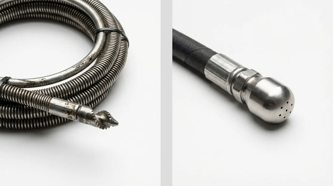Drain snake cable and hydro jetting nozzle used for drain cleaning in Manning, ND