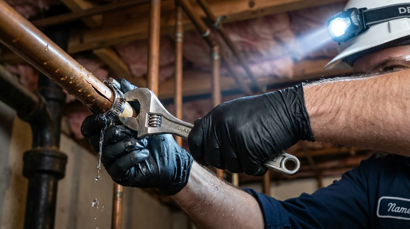 Emergency pipe clamp repair being performed by a Johns Plumbing LLC plumber in Manning