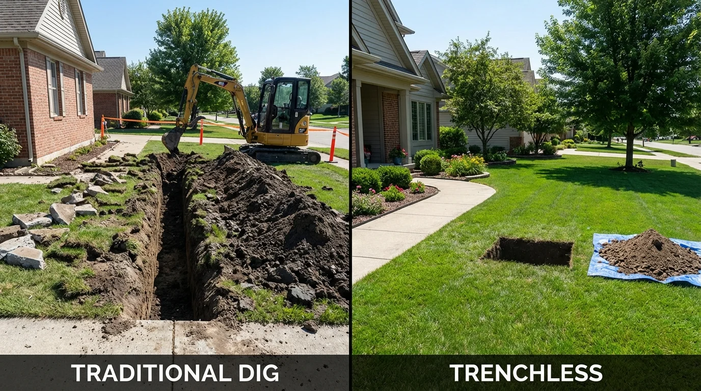 Trenchless sewer repair with minimal yard damage versus traditional excavation in Manning, ND