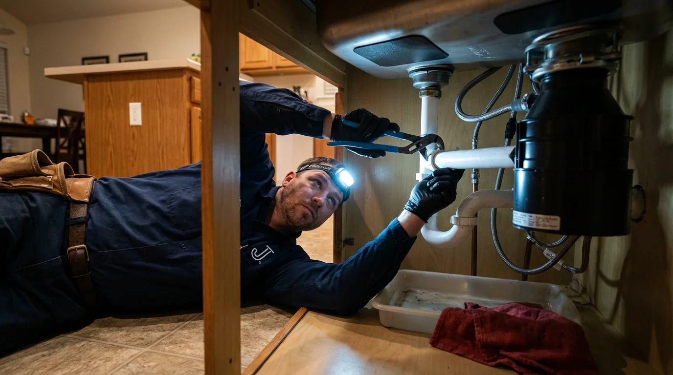 P-trap and supply line connections under a kitchen sink showing a common leak point in Manning, ND